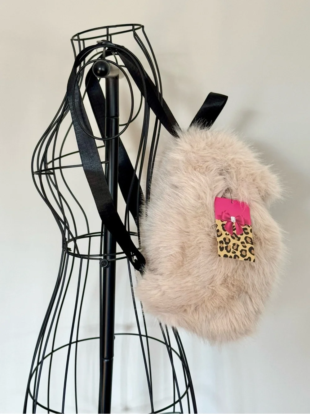New Women’s Cream Color Soft Faux Fur Mini Backpack Purse w/ Dog Bag Charm